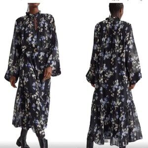 H&M Size S Ruffled Floral Chiffon Maxi Dress, Blue with Floral Pattern, NEW